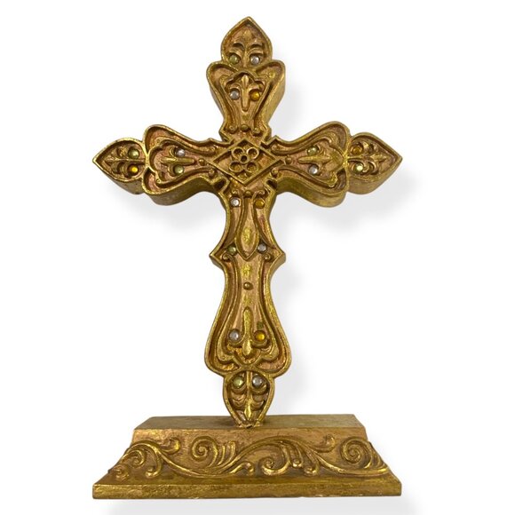 VTG Ornate Gold Heavy Cross Intricate Detailing Religious 12" Tall - Picture 2 of 7